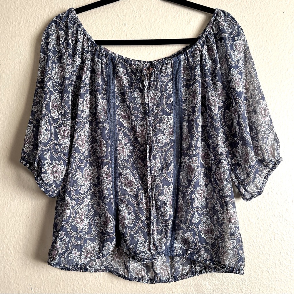Women's Paisley Off-Shoulder Top - Blue Size M Mossimo Sheer 1/4 Sleeve Blouse